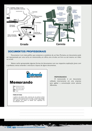 10 PRODUÇÃO DE DOCUMENTOS PROFISSIONAIS 
DOCUMENTOS PROFISSIONAIS 
Documento é um meio gráfico que comprova a existência de um fato. Portanto, um documento pode 
ser representado por uma carta, um memorando, um ofício, uma circular, um livro ou até mesmo um vídeo 
ou e-mail. 
Abaixo serão apresentadas algumas formas de documentos com sua respectiva explicação. Junto com 
o professor, vamos entender a estrutura e layout de alguns documentos. 
MEMORANDO 
O memorando é um documento 
utilizado internamente em uma empresa 
para agilizar a comunicação entre setores 
diferentes. 
 
