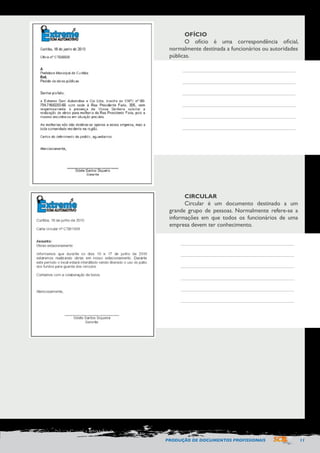 PRODUÇÃO DE DOCUMENTOS PROFISSIONAIS 11 
OFÍCIO 
O ofício é uma correspondência oficial, 
normalmente destinada a funcionários ou autoridades 
públicas. 
CIRCULAR 
Circular é um documento destinado a um 
grande grupo de pessoas. Normalmente refere-se a 
informações em que todos os funcionários de uma 
empresa devem ter conhecimento. 
 