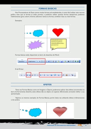 PRODUÇÃO DE DOCUMENTOS PROFISSIONAIS 41 
FORMAS BÁSICAS 
EFEITOS 
Nos Processadores de Texto temos muitas formas pré-estabelecidas, é muito fácil utilizar este recurso 
gráfico, visto que as formas já estão prontas, e podemos utilizar quantas formas desejarmos, podemos 
redimensionar, girar, colorir, inverter, adicionar textos às formas, combinar duas ou mais formas. 
Exemplos: 
Formas básicas estão disponíveis na barra de desenhos do Word: 
E do Writer: 
Tanto nas Formas Básicas como em Imagens e Cliparts, poderemos aplicar dois efeitos encontrados na 
barra de ferramentas desenho, estes efeitos dão ao objeto um aspecto diferenciado, tornando melhor a sua 
apresentação. 
Vejamos os mesmos exemplos de Formas Básicas, porém desta vez utilizando efeitos tridimensionais 
e de sombra. 
 