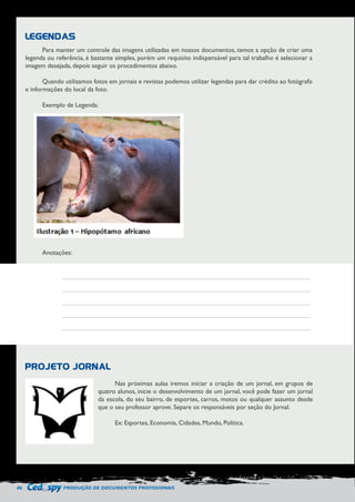 46 PRODUÇÃO DE DOCUMENTOS PROFISSIONAIS 
LEGENDAS 
PROJETO JORNAL 
Para manter um controle das imagens utilizadas em nossos documentos, temos a opção de criar uma 
legenda ou referência, é bastante simples, porém um requisito indispensável para tal trabalho é selecionar a 
imagem desejada, depois seguir os procedimentos abaixo. 
Quando utilizamos fotos em jornais e revistas podemos utilizar legendas para dar crédito ao fotógrafo 
e informações do local da foto. 
Exemplo de Legenda: 
Nas próximas aulas iremos iniciar a criação de um jornal, em grupos de 
quatro alunos, inicie o desenvolvimento de um jornal, você pode fazer um jornal 
da escola, do seu bairro, de esportes, carros, motos ou qualquer assunto desde 
que o seu professor aprove. Separe os responsáveis por seção do Jornal. 
Ex: Esportes, Economia, Cidades, Mundo, Política. 
Anotações: 
 