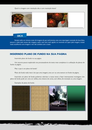 PRODUÇÃO DE DOCUMENTOS PROFISSIONAIS 71 
Qual é a imagem com resolução alta e com resolução baixa? 
Sempre salve um número maior de imagens do que você precisa, caso uma reportagem necessite de duas fotos, 
procure e salve pelo menos dez imagens, assim você terá mais opções no momento de optar pela imagem, muitas 
vezes escolhemos uma imagem e ela não combina com o texto. 
DICA 
Inserindo plano de fundo na sua página 
Um recurso pouco explorado nos processadores de texto mais completos é a utilização de planos de 
fundo na página. 
Mas o que é um plano de fundo? 
Plano de fundo nada mais é do que uma imagem, uma cor ou uma textura no fundo da página. 
Inserindo um plano de fundo podemos valorizar o nosso texto e fazer interessantes montagens. Um 
plano de fundo pode ser uma cor sólida, uma mistura de cores, com efeito, de transição ou uma imagem. 
Exemplos de plano de fundo: 
INSERINDO PLANO DE FUNDO NA SUA PÁGINA 
 