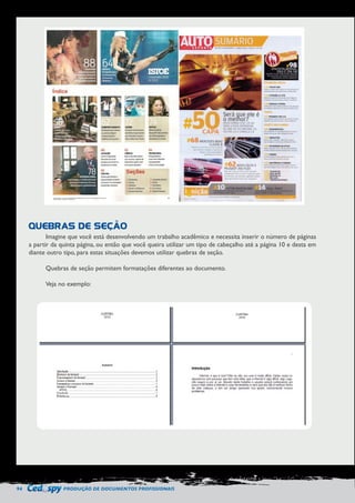 94 PRODUÇÃO DE DOCUMENTOS PROFISSIONAIS 
Imagine que você está desenvolvendo um trabalho acadêmico e necessita inserir o número de páginas 
a partir da quinta página, ou então que você queira utilizar um tipo de cabeçalho até a página 10 e desta em 
diante outro tipo, para estas situações devemos utilizar quebras de seção. 
Quebras de seção permitem formatações diferentes ao documento. 
Veja no exemplo: 
QUEBRAS DE SEÇÃO 
 