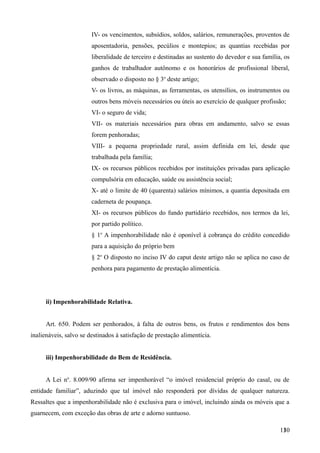 IV- os vencimentos, subsídios, soldos, salários, remunerações, proventos de
aposentadoria, pensões, pecúlios e montepios; as quantias recebidas por
liberalidade de terceiro e destinadas ao sustento do devedor e sua família, os
ganhos de trabalhador autônomo e os honorários de profissional liberal,
observado o disposto no § 3o
deste artigo;
V- os livros, as máquinas, as ferramentas, os utensílios, os instrumentos ou
outros bens móveis necessários ou úteis ao exercício de qualquer profissão;
VI- o seguro de vida;
VII- os materiais necessários para obras em andamento, salvo se essas
forem penhoradas;
VIII- a pequena propriedade rural, assim definida em lei, desde que
trabalhada pela família;
IX- os recursos públicos recebidos por instituições privadas para aplicação
compulsória em educação, saúde ou assistência social;
X- até o limite de 40 (quarenta) salários mínimos, a quantia depositada em
caderneta de poupança.
XI- os recursos públicos do fundo partidário recebidos, nos termos da lei,
por partido político.
§ 1o
A impenhorabilidade não é oponível à cobrança do crédito concedido
para a aquisição do próprio bem
§ 2o
O disposto no inciso IV do caput deste artigo não se aplica no caso de
penhora para pagamento de prestação alimentícia.
ii) Impenhorabilidade Relativa.
Art. 650. Podem ser penhorados, à falta de outros bens, os frutos e rendimentos dos bens
inalienáveis, salvo se destinados à satisfação de prestação alimentícia.
iii) Impenhorabilidade do Bem de Residência.
A Lei no
. 8.009/90 afirma ser impenhorável “o imóvel residencial próprio do casal, ou de
entidade familiar”, aduzindo que tal imóvel não responderá por dívidas de qualquer natureza.
Ressaltes que a impenhorabilidade não é exclusiva para o imóvel, incluindo ainda os móveis que a
guarnecem, com exceção das obras de arte e adorno suntuoso.
1301
 