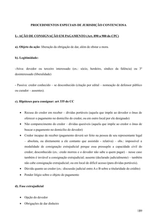 PROCEDIMENTOS ESPECIAIS DE JURISDIÇÃO CONTENCIOSA
I.- AÇÃO DE CONSIGNAÇÃO EM PAGAMENTO (Art. 890 a 900 do CPC)
a). Objeto da ação: liberação da obrigação de dar, além de obstar a mora.
b). Legitimidade:
-Ativa: devedor ou terceiro interessado (ex.: sócio, herdeiro, síndico da falência) ou 3º
desinteressado (liberalidade)
- Passiva: credor conhecido – se desconhecido (citação por edital – nomeação de defensor público
ou curador – ausentes).
c). Hipóteses para consignar: art 335 do CC
• Recusa do credor em receber – dívidas portáveis (aquela que impõe ao devedor o ônus de
oferecer o pagamento no domicílio do credor, ou em outro local por ele designado)
• Não comparecimento do credor – dívidas quesíveis (aquela que impõe ao credor o ônus de
buscar o pagamento no domicílio do devedor)
• Credor incapaz de receber (pagamento deverá ser feito na pessoa de seu representante legal
– absoluta, ou diretamente a ele contanto que assistido - relativa) – obs.: impossível a
modalidade de consignação extrajudicial porque essa pressupõe a capacidade civil do
credor; desconhecido (ex.: credo morreu e o devedor não sabe a quem pagar) – nesse caso
também é inviável a consignação extrajudicial; ausente (declarado judicialmente) – também
não cabe consignação extrajudicial; ou em local de difícil acesso (para dívidas portáveis).
• Dúvida quanto ao credor (ex.: discussão judicial entre A e B sobre a titularidade do crédito)
• Pender litígio sobre o objeto do pagamento
d). Fase extrajudicial
• Opção do devedor
• Obrigações de dar dinheiro
1591
 