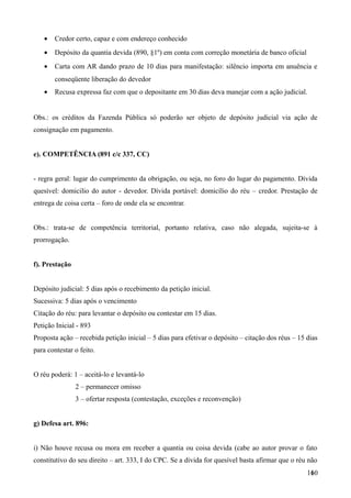 • Credor certo, capaz e com endereço conhecido
• Depósito da quantia devida (890, §1º) em conta com correção monetária de banco oficial
• Carta com AR dando prazo de 10 dias para manifestação: silêncio importa em anuência e
conseqüente liberação do devedor
• Recusa expressa faz com que o depositante em 30 dias deva manejar com a ação judicial.
Obs.: os créditos da Fazenda Pública só poderão ser objeto de depósito judicial via ação de
consignação em pagamento.
e). COMPETÊNCIA (891 c/c 337, CC)
- regra geral: lugar do cumprimento da obrigação, ou seja, no foro do lugar do pagamento. Dívida
quesível: domicilio do autor - devedor. Dívida portável: domicílio do réu – credor. Prestação de
entrega de coisa certa – foro de onde ela se encontrar.
Obs.: trata-se de competência territorial, portanto relativa, caso não alegada, sujeita-se à
prorrogação.
f). Prestação
Depósito judicial: 5 dias após o recebimento da petição inicial.
Sucessiva: 5 dias após o vencimento
Citação do réu: para levantar o depósito ou contestar em 15 dias.
Petição Inicial - 893
Proposta ação – recebida petição inicial – 5 dias para efetivar o depósito – citação dos réus – 15 dias
para contestar o feito.
O réu poderá: 1 – aceitá-lo e levantá-lo
2 – permanecer omisso
3 – ofertar resposta (contestação, exceções e reconvenção)
g) Defesa art. 896:
i) Não houve recusa ou mora em receber a quantia ou coisa devida (cabe ao autor provar o fato
constitutivo do seu direito – art. 333, I do CPC. Se a divida for quesível basta afirmar que o réu não
1601
 