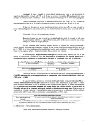 31
A contagem do prazo é realizada no primeiro dia útil seguinte ao seu início, ou seja, primeiro dia útil
seguinte ao dia da efetiva intimação (art. 240) ou do dia que se considera intimado (art. 240, parágrafo único), nessa
contagem se exclui o dia do seu início e inclui o dia do seu vencimento, forma do caput do art. 184 e de seus parágrafos.
Tomemos um exemplo: uma citação foi realizada no sábado (CPC, art. 172 §2° do CPC), considera-se
realizada na segunda-feira (se for dia útil) e o prazo somente começa a contar na terça-feira (se esta for dia útil).
Os dias não úteis somente ganham importância se forem no início ou no fim do prazo, pois, são os
prazos estabelecidos pela lei ou pelo juiz são contínuos, não se interrompendo nos feriados, como se extrai do CPC, art.
178.
O Enunciado nº 310 do STF ajuda a ilustrar o afirmado:
“Quando a intimação tiver lugar na sexta-feira, ou a publicação com efeito de intimação for feita nesse
dia, o prazo judicial terá início na segunda-feira imediata, salvo se não houver expediente, caso em que
começará no primeiro dia útil que se seguir.”
Uma vez implantado pelos tribunais o processo eletrônico, a contagem dos prazos submeter-se-á a
critérios especiais. A intimação eletrônica poderá acontecer de duas formas: (i) por Diário de Justiça Eletrônico (art. 4º da
Lei 11.419/06); (ii) por comunicação pessoal em portal próprio àqueles que se cadastrarem no Poder Judiciário (art. 5º).
Essas mesmas regras se aplicam a citação eletrônica (art. 6º), que adiante será analisada.
Na primeira hipótese, disponibilizada a informação no Diário de Justiça eletrônico, em sítio da rede
mundial de computadores, considera-se como data da publicação o primeiro dia útil seguinte, tendo início à
contagem dos prazos processuais no primeiro dia útil que seguir ao considerado como data da publicação.
Disponibilização, via internet, do DJ Eletrônico Publicação Início da contagem do prazo processual
Dia 24/04/2012 (terça-feira) Dia 25/04/2012
(quarta-feira)
Dia 26/04/2012 (quinta-feira)
Intimação no DO tradicional (publicação) Início da contagem do prazo
Dia 24/04/2012 Dia 25/04/2012
A publicação eletrônica substitui qualquer outro meio e publicação oficial, para quaisquer efeitos legais, à
EXCEÇÃO dos casos que, por lei, exigem intimação ou vista pessoal, como Defensoria e Ministério Público (art.
4º §2º da Lei 11.419/06).
Na segunda hipótese, considerar-se-á realizada a intimação no dia em que o intimando efetivar a
consulta eletrônica ao teor da intimação, certificando-se nos autos a sua realização (art. 5º §1º da Lei 11.419/06).
Sendo a consulta realizada em dia não útil, a intimação será considerada como realizada no primeiro dia útil seguinte
(§2º). A consulta acima mencionada deverá ser feita em até 10 (dez) dias corridos contados da data do envio da
intimação, sob pena de se considerar a intimação realizada na data do término desse prazo. Observe-se que tal
modalidade de intimação é aplicável à Fazenda Pública, desde que a mesma tenha se cadastrado no Poder Judiciário,
como se extrai do § 6o, sendo, inclusive, consideradas pessoais para todos os efeitos legais.
Intimação via disponibilização em portal do Judiciário
Regra: efetiva-se com a
consulta
Não feita a consulta em dez dias corridos a partir do envio da intimação, considera-se intimada na
data do término desse prazo.
Disponibilizado em 24/04/2012 (terça-feira), a consulta deve ser realizada até 04/05/2012 (sexta-feira), do contrário, o prazo a intimação será
considerada como realizada no dia 04.05.2012 (sexta-feira), iniciando, portanto, o prazo na segunda-feira dia 07.05.2012.
8.e.6. Suspensão e Interrupção dos prazos.
Cumpre, ainda, diferenciarmos suspensão dos prazos e interrupção dos prazos.
 