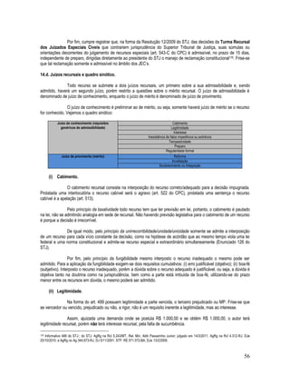 56
Por fim, cumpre registrar que, na forma da Resolução 12/2009 do STJ, das decisões da Turma Recursal
dos Juizados Especiais Cíveis que contrariem jurisprudência do Superior Tribunal de Justiça, suas súmulas ou
orientações decorrentes do julgamento de recursos especiais (art. 543-C do CPC) é admissível, no prazo de 15 dias,
independente de preparo, dirigidas diretamente ao presidente do STJ o manejo de reclamação constitucional176. Frise-se
que tal reclamação somente e admissível no âmbito dos JEC’s.
14.d. Juízos recursais e quadro sinótico.
Todo recurso se submete a dois juízos recursais, um primeiro sobre a sua admissibilidade e, sendo
admitido, haverá um segundo juízo, porém restrito a questões sobre o mérito recursal. O juízo de admissibilidade é
denominado de juízo de conhecimento, enquanto o juízo de mérito é denominado de juízo de provimento.
O juízo de conhecimento é preliminar ao de mérito, ou seja, somente haverá juízo de mérito se o recurso
for conhecido. Vejamos o quadro sinótico:
Juízo de conhecimento (requisitos
genéricos de admissibilidade)
Cabimento
Legitimidade
Interesse
Inexistência de fatos impeditivos ou extintivos
Tempestividade
Preparo
Regularidade formal
Juízo de provimento (mérito) Reforma
Invalidação
Esclarecimento ou Integração
(i) Cabimento.
O cabimento recursal consiste na interposição do recurso correto/adequado para a decisão impugnada.
Prolatada uma interlocutória o recurso cabível será o agravo (art. 522 do CPC), prolatada uma sentença o recurso
cabível é a apelação (art. 513).
Pelo princípio da taxatividade todo recurso tem que ter previsão em lei, portanto, o cabimento é pautado
na lei, não se admitindo analogia em sede de recursal. Não havendo previsão legislativa para o cabimento de um recurso
é porque a decisão é irrecorrível.
De igual modo, pelo princípio da unirrecorribilidade/unidade/unicidade somente se admite a interposição
de um recurso para cada vício constante da decisão, como na hipótese de acórdão que ao mesmo tempo viola uma lei
federal e uma norma constitucional e admite-se recurso especial e extraordinário simultaneamente (Enunciado 126 do
STJ).
Por fim, pelo princípio da fungibilidade mesmo interposto o recurso inadequado o mesmo pode ser
admitido. Para a aplicação da fungibilidade exigem-se dois requisitos cumulativos: (i) erro justificável (objetivo); (ii) boa-fé
(subjetivo). Interposto o recurso inadequado, porém a dúvida sobre o recurso adequado é justificável, ou seja, a dúvida é
objetiva tanto na doutrina como na jurisprudência, bem como a parte está imbuída de boa-fé, utilizando-se do prazo
menor entre os recursos em dúvida, o mesmo poderá ser admitido.
(ii) Legitimidade.
Na forma do art. 499 possuem legitimidade a parte vencida, o terceiro prejudicado ou MP. Frise-se que
se vencedor ou vencido, prejudicado ou não, a rigor, não é um requisito inerente a legitimidade, mas ao interesse.
Assim, ajuizada uma demanda onde se postula R$ 1.000,00 e se obtém R$ 1.000,00, o autor terá
legitimidade recursal, porém não terá interesse recursal, pela falta de sucumbência.
176 Informativo 466 do STJ:; do STJ: AgRg na Rcl 5.243/MT, Rel. Min. Aldir Passarinho Junior, julgado em 14/3/2011. AgRg na Rcl 4.312-RJ, DJe
25/10/2010, e AgRg no Ag 344.673-RJ, DJ 5/11/2001. STF: RE 571.572-BA, DJe 13/2/2009.
 