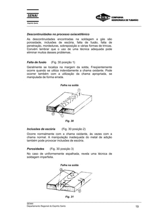 Espírito Santo
___________________________________________________________________________________________________



Descontinuidades no processo oxiacetilênico
As descontinuidades encontradas na soldagem a gás são
porosidade, inclusões de escória, falta de fusão, falta de
penetração, mordeduras, sobreposição e várias formas de trincas.
Convém lembrar que o uso de uma técnica adequada pode
eliminar muitos desses problemas.


Falta de fusão      (Fig. 30 posição 1)
Geralmente se localiza na margem da solda, Freqüentemente
ocorre quando se utiliza indevidamente a chama oxidante. Pode
ocorrer também com a utilização da chama apropriada, se
manipulada de forma errada.

                             Falha na solda




                                 Fig. 30


Inclusões de escória          (Fig. 30 posição 2)
Ocorre normalmente com a chama oxidante, às vezes com a
chama normal. A manipulação inadequada do metal de adição
também pode provocar inclusões de escória.

Porosidades        (Fig. 30 posição 3)
No caso de uniformemente espalhada, revela uma técnica de
soldagem imperfeita.

                             Falha na solda




                                 Fig. 31
___________________________________________________________________________________________________
SENAI
Departamento Regional do Espírito Santo                                                       19
 