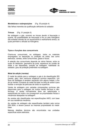 Espírito Santo
___________________________________________________________________________________________________




Mordeduras e sobreposições             (Fig. 30 posição 4)
São falhas inerentes da qualificação deficiente do soldador.


Trincas          (Fig. 31 posição 5)
Na soldagem a gás, ocorrem as trincas devido à fissuração a
quente. As possibilidades de fissuração a frio ou pelo hidrogênio
são evitadas através de um aquecimento e resfriamento lentos, os
quais permitem a difusão do hidrogênio.




Tipos e funções dos consumíveis

Chama-se consumíveis, na soldagem, todos os materiais
empregados na deposição ou proteção da solda, tais como
eletrodos, varetas, anéis consumíveis, gases e fluxos.
A seleção dos consumíveis depende de vários fatores, entre os
quais se destacam, geometria da junta, espessura do cordão de
solda a ser depositado, posição de soldagem, habilidade do
soldador, grau de proteção pretendido na soldagem.


Metal de adição (varetas)
O metal de adição para a soldagem a gás é da classificação RG
(vareta, gás), sem nenhuma exigência química específica. Um
fluxo de soldagem é também requerido com alguns metais, a fim
de se manter a limpeza do metal de base na área de solda e para
facilitar a remoção de películas de óxido na superfície.
Vareta de soldagem com variadas composições químicas são
disponíveis para a soldagem de muitos metais ferrosos e não-
ferrosos. A vareta normalmente deve ser selecionada e
especificada de modo a se conseguirem as propriedades físicas e
mecânicas desejadas na soldagem.
As varetas são classificadas nas especificações AWS, com base
em sua resistência mecânica.
As varetas de soldagem são especificadas também pela norma
DIN 8554, e devem possuir as mesmas propriedades do metal-
base.
Maiores detalhes técnicos são encontrados nas unidades
específicas sobre eletrodos.




___________________________________________________________________________________________________
                                                                                               CST
20                                                                 Companhia Siderúrgica de Tubarão
 