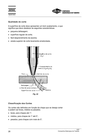Espírito Santo
___________________________________________________________________________________________________



Qualidade do corte

A superfície de corte deve apresentar um bom acabamento, o que
significa que deve obedecer às seguintes características:
• pequena defasagem;
• superfície regular de corte;
• fácil desprendimento da escória;
• aresta superior de corte levemente arredondada.




                                 Fig. 42




Classificação dos Cortes

Os cortes são definidos em função da chapa que se deseja cortar
e podem ser leves, médios ou pesados.
• leves, para chapas até 1”;
• médios, para chapas de 1” até 5”;
• pesados, para chapas com mais de 5”.



___________________________________________________________________________________________________
                                                                                               CST
28                                                                 Companhia Siderúrgica de Tubarão
 