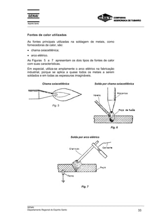 Espírito Santo
___________________________________________________________________________________________________



Fontes de calor utilizadas

As fontes principais utilizadas na soldagem de metais, como
fornecedoras de calor, são:
• chama oxiacetilênica;
• arco elétrico.
As Figuras 5 a 7 apresentam os dois tipos de fontes de calor
com suas características.
Em especial, utiliza-se amplamente o arco elétrico na fabricação
industrial, porque se aplica a quase todos os metais a serem
soldados e em todas as espessuras imagináveis.

                 Chama oxiacetilênica                      Solda por chama oxiacetilênica




                        Fig. 5




                                                                       Fig. 6


                                        Solda por arco elétrico




                                                Fig. 7




___________________________________________________________________________________________________
SENAI
Departamento Regional do Espírito Santo                                                       33
 