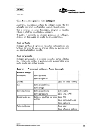 Espírito Santo
___________________________________________________________________________________________________



Classificação dos processos de soldagem

Atualmente, os processos antigos de soldagem quase não têm
aplicação, pois foram aperfeiçoados, surgindo novas técnicas.
Com o emprego de novas tecnologias, atingiram-se elevados
índices de eficiência e qualidade na soldagem.
O quadro 1 apresenta os principais processos de soldagem,
divididos em dois grupos, em função dos processos físicos.


Solda por fusão
Soldagem por fusão é o processo no qual as partes soldadas são
fundidas por meio de ação de energia elétrica ou química, sem
que ocorra aplicação de pressão.


Solda por pressão
Soldagem por pressão é o processo no qual as partes soldadas
são inicialmente unidas e posteriormente pressionadas uma
contra a outra para efetuar a união.


Quadro 1         Processo de soldagem e fontes de energia

Fonte de energia
Movimento               Solda por atrito
                        Solda a explosão
Líquido                                                   Solda por fusão (Termit)
Gás                     Solda oxiacetilênica
                        Solda a fogo
Corrente elétrica       Solda a resistência               Eletroescória
                        Solda por costura                 Solda MIG / MAG
Descarga de gás         Solda de cavillhas por arco Solda TIG
                        elétrico
                                                    Solda a arco submerso
                                                          Solda a plasma
Raios incidentes                                          Solda laser
                                                          Solda a feixe de elétrons




___________________________________________________________________________________________________
SENAI
Departamento Regional do Espírito Santo                                                       35
 