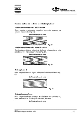 Espírito Santo
___________________________________________________________________________________________________




Defeitos na face de corte no sentido longitudinal

Ondulação recurvada para trás no fundo
Ocorre devido à velocidade excessiva, bico muito pequeno ou
oxigênio insuficiente (Fig. 65).
                       Defeitos na face do corte




                                                     Fig. 65
Ondulação recurvada para frente no centro
Ocasionada por jato de oxigênio prejudicado pela sujeira ou pela
rebarba ou bico inclinado para frente (Fig. 66).
                       Defeitos na face do corte




                                                     Fig. 66


Ondulação em S
Pode ser provocada por sujeira, desgaste ou rebarba no bico (Fig.
67).
                       Defeitos na face do corte




                                                      Fig. 67


Ondulação desuniforme
Pode ser provocada por aplicação de velocidade não uniforme ou,
ainda, existência de incrustações na chapa (Fig. 68).
                       Defeitos na face do corte




___________________________________________________________________________________________________
SENAI
Departamento Regional do Espírito Santo                                                       47
 