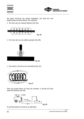 Espírito Santo
___________________________________________________________________________________________________



Em geral, forma-se um campo magnético, por onde flui uma
determinada corrente elétrica. Por exemplo:
• Em torno de um condutor elétrico (Fig. 95).




                                               Fig. 95


• Em torno de um arco elétrico gerado (Fig. 96).




                                             Fig. 96


• No interior e em torno de uma bobina (Fig. 97).




                                  Fig. 97


Para que possa haver um fluxo de corrente, o circuito de início
deve ser fechado (Fig. 98).




                                                         Fig. 98
A corrente pode ser contínua ou alternada.
___________________________________________________________________________________________________
                                                                                               CST
62                                                                 Companhia Siderúrgica de Tubarão
 
