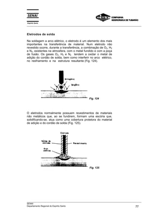 Espírito Santo
___________________________________________________________________________________________________



Eletrodos de solda

Na soldagem a arco elétrico, o eletrodo é um elemento dos mais
importantes na transferência de material. Num eletrodo não
revestido ocorre, durante a transferência, a combinação de O2, H2
e N2, existentes na atmosfera, com o metal fundido e com a poça
de fusão. Os gases O2, H2 e N2 tendem a oxidar o metal de
adição do cordão de solda, bem como interferir no arco elétrico,
no resfriamento e na estrutura resultante (Fig. 124).




                                                     Fig. 124




O eletrodos normalmente possuem revestimentos de materiais
não metálicos que, ao se fundirem, formam uma escória que,
solidificando-se, atua como uma cobertura protetora do material
de adição e do cordão de solda (Fig. 125).




                                                      Fig. 125




___________________________________________________________________________________________________
SENAI
Departamento Regional do Espírito Santo                                                       77
 