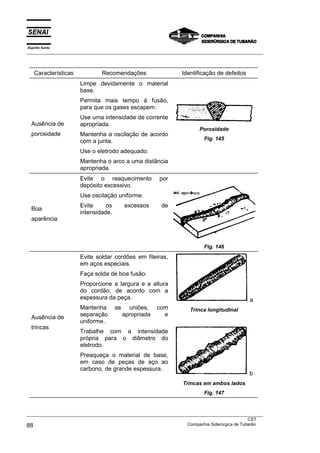 Espírito Santo
___________________________________________________________________________________________________



    Características            Recomendações                     Identificação de defeitos
                      Limpe devidamente o material
                      base.
                      Permita mais tempo à fusão,
                      para que os gases escapem.
                      Use uma intensidade de corrente
  Ausência de         apropriada.
                                                                        Porosidade
  porosidade          Mantenha a oscilação de acordo
                      com a junta.                                        Fig. 145

                      Use o eletrodo adequado.
                      Mantenha o arco a uma distância
                      apropriada.
                      Evite o reaquecimento            por
                      depósito excessivo.
                      Use oscilação uniforme.
                      Evite     os        excessos      de
  Boa
                      intensidade.
  aparência



                                                                          Fig. 146
                      Evite soldar cordões em fileiras,
                      em aços especiais.
                      Faça solda de boa fusão.
                      Proporcione a largura e a altura
                      do cordão, de acordo com a
                      espessura da peça.                                                     a
                      Mantenha       as     uniões,    com          Trinca longitudinal
  Ausência de         separação           apropriada     e
                      uniforme.
  trincas
                      Trabalhe com a intensidade
                      própria para o diâmetro do
                      eletrodo.
                      Preaqueça o material de base,
                      em caso de peças de aço ao
                      carbono, de grande espessura.
                                                                                             b
                                                                 Trincas em ambos lados
                                                                          Fig. 147


___________________________________________________________________________________________________
                                                                                               CST
88                                                                 Companhia Siderúrgica de Tubarão
 