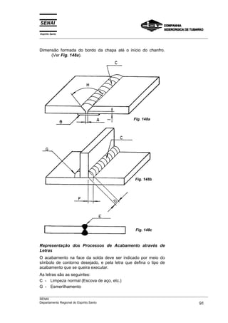 Espírito Santo
___________________________________________________________________________________________________



Dimensão formada do bordo da chapa até o início do chanfro.
     (Ver Fig. 148a).




                                                       Fig. 148a




                                                        Fig. 148b




                                                        Fig. 148c



Representação dos Processos de Acabamento através de
Letras
O acabamento na face da solda deve ser indicado por meio do
símbolo de contorno desejado, e pela letra que defina o tipo de
acabamento que se queira executar.
As letras são as seguintes:
C - Limpeza normal (Escova de aço, etc.)
G - Esmerilhamento
___________________________________________________________________________________________________
SENAI
Departamento Regional do Espírito Santo                                                       91
 