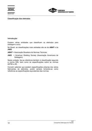 Espírito Santo
___________________________________________________________________________________________________

Classificação dos eletrodos




Introdução

Existem várias entidades que classificam os eletrodos para
soldagem a arco.
No Brasil, as classificações mais adotadas são as da ABNT e da
AWS.
ABNT = Associação Brasileira de Normas Técnicas.
AWS         = American Welding Sociaty (Associação Americana de
             Soldagem).
Nesta unidade, faz-se referência também à classificação segundo
a norma DIN, bem como às especificações sobre as normas
ASTM e JIS.
Convém salientar que existem especificações próprias dos vários
fabricantes de eletrodos, porém sempre tomando-se como
referência as especificações equivalentes das normas.




___________________________________________________________________________________________________
                                                                                               CST
12                                                                 Companhia Siderúrgica de Tubarão
 