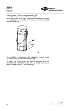 Espírito Santo
___________________________________________________________________________________________________

Estufa portátil para manutenção de secagem
Como as demais, deve dispor de aquecimento elétrico por meio
de resistências e ter condições de acompanhar cada soldador
individualmente (fig. 7).




                                                    Fig. 7


Para eletrodos revestidos de baixo hidrogênio, a estufa portátil
deve manter a temperatura entre 60 e 100°C .
O estado de conservação das estufas portáteis deve ser
periodicamente verificado, assim como o estado da conexão
elétrica das estufas com a rede de energia.




___________________________________________________________________________________________________
                                                                                               CST
24                                                                 Companhia Siderúrgica de Tubarão
 