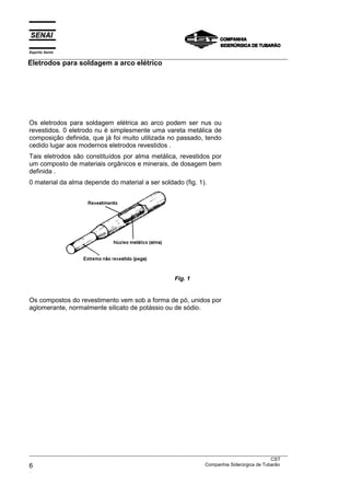 Espírito Santo
___________________________________________________________________________________________________
Eletrodos para soldagem a arco elétrico




Os eletrodos para soldagem elétrica ao arco podem ser nus ou
revestidos. 0 eletrodo nu é simplesmente uma vareta metálica de
composição definida, que já foi muito utilizada no passado, tendo
cedido lugar aos modernos eletrodos revestidos .
Tais eletrodos são constituídos por alma metálica, revestidos por
um composto de materiais orgânicos e minerais, de dosagem bem
definida .
0 material da alma depende do material a ser soldado (fig. 1).




                                                       Fig. 1


Os compostos do revestimento vem sob a forma de pó, unidos por
aglomerante, normalmente silicato de potássio ou de sódio.




___________________________________________________________________________________________________
                                                                                               CST
6                                                                  Companhia Siderúrgica de Tubarão
 
