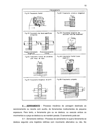 8 - SERRAMENTO - Processo mecânico de usinagem destinado ao
seccionamento ou recorte com auxílio, de ferramentas multicortantes de pequena
espessura. Para tanto, a ferramenta gira ou se desloca, ou executa ambos os
movimentos e a peça se desloca ou se mantém parada. O serramento pode ser:
8.1 - Serramento retilíneo - Processo de serramento no qual a ferramenta se
desloca segundo uma trajetória retilínea com movimento alternativo ou não. No
10
 