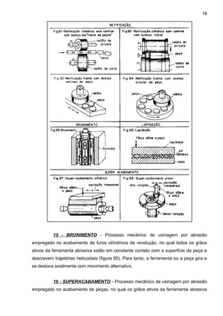 15 - BRUNIMENTO - Processo mecânico de usinagem por abrasão
empregado no acabamento de furos cilíndricos de revolução, no qual todos os grãos
ativos da ferramenta abrasiva estão em constante contato com a superfície da peça e
descrevem trajetórias helicoidais (figura 85). Para tanto, a ferramenta ou a peça gira e
se desloca axialmente com movimento alternativo.
16 - SUPERACABAMENTO - Processo mecânico de usinagem por abrasão
empregado no acabamento de peças, no qual os grãos ativos da ferramenta abrasiva
16
 