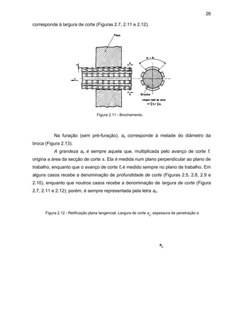 corresponde à largura de corte (Figuras 2.7, 2.11 e 2.12).
Na furação (sem pré-furação), ap corresponde à metade do diâmetro da
broca (Figura 2.13).
A grandeza ap é sempre aquela que, multiplicada pelo avanço de corte f,
origina a área da secção de corte s. Ela é medida num plano perpendicular ao plano de
trabalho, enquanto que o avanço de corte fc é medido sempre no plano de trabalho. Em
alguns casos recebe a denominação de profundidade de corte (Figuras 2.5, 2.8, 2.9 e
2.10), enquanto que noutros casos recebe a denominação de largura de corte (Figura
2.7, 2.11 e 2.12); porém, é sempre representada pela letra ap.
Figura 2.11 - Brochamento.
Figura 2.12 - Retificação plana tangencial. Largura de corte ap
; espessura de penetração e.
ap
26
 