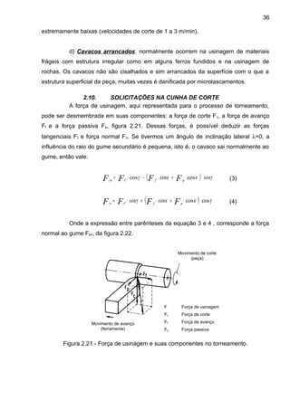 extremamente baixas (velocidades de corte de 1 a 3 m/min).
d) Cavacos arrancados: normalmente ocorrem na usinagem de materiais
frágeis com estrutura irregular como em alguns ferros fundidos e na usinagem de
rochas. Os cavacos não são cisalhados e sim arrancados da superfície com o que a
estrutura superficial da peça, muitas vezes é danificada por microlascamentos.
2.10. SOLICITAÇÕES NA CUNHA DE CORTE
A força de usinagem, aqui representada para o processo de torneamento,
pode ser desmembrada em suas componentes: a força de corte Fc, a força de avanço
Ff e a força passiva Fp, figura 2.21. Dessas forças, é possível deduzir as forças
tangenciais Ft e força normal Fn. Se tivermos um ângulo de inclinação lateral λ=0, a
influência do raio do gume secundário é pequena, isto é, o cavaco sai normalmente ao
gume, então vale:
( ) γκκγγ
sinsin FFFF pfCn
⋅⋅+⋅−⋅= coscos (3)
( ) γκκγγ
coscos ⋅⋅+⋅+⋅= FFFF pfCt
sinsin (4)
Onde a expressão entre parênteses da equação 3 e 4 , corresponde a força
normal ao gume Fkn, da figura 2.22.
Figura 2.21 - Força de usinagem e suas componentes no torneamento.
Movimento de corte
(peça)
F Força de usinagem
Fc Força de corte
Ff Força de avanço
Fp Força passiva
Movimento de avanço
(ferramenta)
36
 