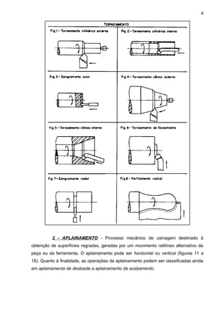 2 - APLAINAMENTO - Processo mecânico de usinagem destinado à
obtenção de superfícies regradas, geradas por um movimento retilíneo alternativo da
peça ou da ferramenta. O aplainamento pode ser horizontal ou vertical (figuras 11 a
18). Quanto à finalidade, as operações de aplainamento podem ser classificadas ainda
em aplainamento de desbaste a aplainamento de acabamento.
4
 