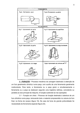 3 - FURAÇÃO - Processo mecânico de usinagem destinado à obtenção de
um furo geralmente cilíndrico numa peça, com auxílio de uma ferramenta geralmente
multicortante. Para tanto, a ferramenta ou a peça giram e simultaneamente a
ferramenta ou a peça se deslocam segundo uma trajetória retilínea, coincidente ou
paralela ao eixo principal da máquina. A furação subdivide-se nas operações:
3.1 - Furação em cheio - Processo de furação destinado à abertura de um
furo cilíndrico numa peça, removendo todo o material compreendido no volume do furo
final, na forma de cavaco (figura 19). No caso de furos de grande profundidade há
necessidade de ferramenta especial (figura 23).
5
 