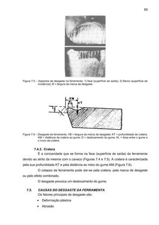Figura 7.5 – Aspectos de desgaste na ferramenta: 1) face (superfície de saída); 2) flanco (superfície de
incidência); B = largura da marca de desgaste.
Figura 7.6 – Desgaste da ferramenta. VB = largura da marca de desgaste; KT = profundidade de cratera;
KM = distância da cratera ao gume; D = deslocamento do gume; KL = faixa entre o gume e
o início da cratera.
7.4.3. Cratera
É a concavidade que se forma na face (superfície de saída) da ferramenta
devido ao atrito da mesma com o cavaco (Figuras 7.4 e 7.5). A cratera é caracterizada
pela sua profundidade KT e pela distância ao meio do gume KM (Figura 7.6).
O colapso da ferramenta pode dar-se pela cratera, pela marca de desgaste
ou pelo efeito combinado.
O desgaste provoca um deslocamento do gume.
7.5. CAUSAS DO DESGASTE DA FERRAMENTA
Os fatores principais de desgaste são:
• Deformação plástica
• Abrasão
60
 
