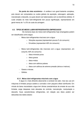 Do ponto de vista econômico - A análise é em geral bastante complexa,
pois devem ser computados os custos globais de aquisição, estocagem, aplicação,
manutenção e descarte, os quais devem ser balanceados com os benefícios obtidos. O
custo simples do meio lubri-refrigerante tem pouca significação, representando em
geral menos de 1 a 2% do custo da usinagem.
8.3. TIPOS DE MEIOS LUBRI-REFRIGERANTES EMPREGADOS
Os inúmeros tipos de meios lubri-refrigerantes hoje empregados podem
ser classificados como segue:
- Meios lubri-refrigerantes miscíveis com a água:
o Soluções aquosas (representam poucos % do consumo)
o Emulsões (representam 40% do consumo)
- Meios lubri-refrigerantes não miscíveis com a água: (representam, em
conjunto, 60% do consumo)
o óleos minerais puros
o óleos graxos
o óleos mistos
o óleos com aditivos polares
o óleos com aditivos de extrema pressão (ativos e inativos).
- Gases e névoas.
- Sólidos.
8.3.1. Meios lubri-refrigerantes miscíveis com a água
A água é o mais eficiente absorvente e condutor de calor, mas seu uso em
máquinas é limitado porque acelera a corrosão e tem pequeno efeito lubrificante. Em
virtude da baixa viscosidade a água tem ótimas características de arraste de sua vida
limitada, exige despesas mais elevadas de controle, manutenção, manipulação e
descarte. Suas características refrigerantes, em relação aos óleos podem ser
deduzidas dos dados abaixo:
72
 