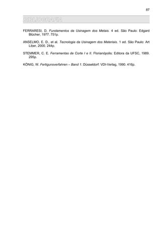BIBLIOGRAFIA
FERRARESI, D. Fundamentos da Usinagem dos Metais. 4 ed. São Paulo: Edgard
Blücher, 1977. 751p.
ANSELMO, E. D., et al. Tecnologia da Usinagem dos Materiais. 1 ed. São Paulo: Art
Liber, 2000. 244p.
STEMMER, C. E. Ferramentas de Corte I e II. Florianópolis: Editora da UFSC, 1989.
295p.
KÖNIG, W. Fertigunsverfahren – Band 1. Düsseldorf: VDI-Verlag, 1990. 416p.
87
 