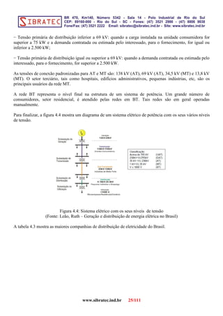 − Tensão primária de distribuição inferior a 69 kV: quando a carga instalada na unidade consumidora for
superior a 75 kW e a demanda contratada ou estimada pelo interessado, para o fornecimento, for igual ou
inferior a 2.500 kW;
− Tensão primária de distribuição igual ou superior a 69 kV: quando a demanda contratada ou estimada pelo
interessado, para o fornecimento, for superior a 2.500 kW.
As tensões de conexão padronizadas para AT e MT são: 138 kV (AT), 69 kV (AT), 34,5 kV (MT) e 13,8 kV
(MT). O setor terciário, tais como hospitais, edifícios administrativos, pequenas indústrias, etc, são os
principais usuários da rede MT.
A rede BT representa o nível final na estrutura de um sistema de potência. Um grande número de
consumidores, setor residencial, é atendido pelas redes em BT. Tais redes são em geral operadas
manualmente.
Para finalizar, a figura 4.4 mostra um diagrama de um sistema elétrico de potência com os seus vários níveis
de tensão.
Figura 4.4: Sistema elétrico com os seus níveis de tensão
(Fonte: Leão, Ruth – Geração e distribuição de energia elétrica no Brasil)
A tabela 4.3 mostra as maiores companhias de distribuição de eletricidade do Brasil.
www.sibratec.ind.br 25/111
 