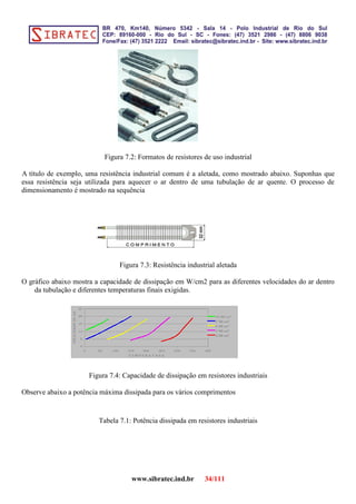 Figura 7.2: Formatos de resistores de uso industrial
A título de exemplo, uma resistência industrial comum é a aletada, como mostrado abaixo. Suponhas que
essa resistência seja utilizada para aquecer o ar dentro de uma tubulação de ar quente. O processo de
dimensionamento é mostrado na sequência
Figura 7.3: Resistência industrial aletada
O gráfico abaixo mostra a capacidade de dissipação em W/cm2 para as diferentes velocidades do ar dentro
da tubulação e diferentes temperaturas finais exigidas.
Figura 7.4: Capacidade de dissipação em resistores industriais
Observe abaixo a potência máxima dissipada para os vários comprimentos
Tabela 7.1: Potência dissipada em resistores industriais
www.sibratec.ind.br 34/111
 