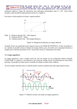 totalmente indutivas. Cargas RL apresentam uma defasagem intermediária entre 0° e 90°. Nesta última
situação a onda de potência apresenta picos positivos e negativos.
Em termos vetoriais poder-se-ia traçar o seguinte gráfico:
S
P
Q
Onde: S = Potência aparente (VA – Volt-Ampere)
P = Potência rela (W – Watt))
Q = Potência reativa (Var – Volt-Ampere Reativo)
Figura 7.6: Diagrama de potências em cargas indutivas
O ângulo Ø tem um significado muito especial: trata-se do FATOR DE POTÊNCIA. O fator de potência é
um gerador de pesadas contas nas faturas de energia elétrica, pois, de acordo com a legislação brasileira a
energia reativa máxima permitida é de 8%. Acima disso inicia-se o faturamento de multas.
7.3. Cargas capacitivas
As cargas capacitivas, como o próprio nome diz, tem sua origem em um componente elétrico chamado
CAPACITOR. O capacitor é um dispositivo que armazena energia através da polarização de duas placas
próximas. Ele produz um efeito reativo, invertido em relação ao efeito reativo indutivo.
As curvas abaixo mostram como é a onda de tensão, corrente e potência para uma carga capacitiva pura.
Tempo
Tempo
Onda de tensão
Onda de corrente
Onda de potência
Figura 7.7: Onda de corrente e de tensão em cargas capacitivas
www.sibratec.ind.br 37/111
 