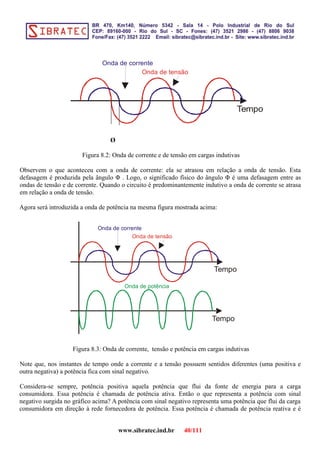 Tempo
Onda de tensão
Onda de corrente
Ø
Figura 8.2: Onda de corrente e de tensão em cargas indutivas
Observem o que aconteceu com a onda de corrente: ela se atrasou em relação a onda de tensão. Esta
defasagem é produzida pela ângulo Φ . Logo, o significado físico do ângulo Φ é uma defasagem entre as
ondas de tensão e de corrente. Quando o circuito é predominantemente indutivo a onda de corrente se atrasa
em relação a onda de tensão.
Agora será introduzida a onda de potência na mesma figura mostrada acima:
Tempo
Tempo
Onda de tensão
Onda de corrente
Onda de potência
Figura 8.3: Onda de corrente, tensão e potência em cargas indutivas
Note que, nos instantes de tempo onde a corrente e a tensão possuem sentidos diferentes (uma positiva e
outra negativa) a potência fica com sinal negativo.
Considera-se sempre, potência positiva aquela potência que flui da fonte de energia para a carga
consumidora. Essa potência é chamada de potência ativa. Então o que representa a potência com sinal
negativo surgida no gráfico acima? A potência com sinal negativo representa uma potência que flui da carga
consumidora em direção à rede fornecedora de potência. Essa potência é chamada de potência reativa e é
www.sibratec.ind.br 40/111
 