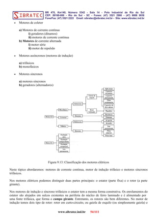 • Motores de coletor
a) Motores de corrente contínua
i) geradores (dínamos)
ii) motores de corrente contínua
b) Motores de corrente alternada
i) motor série
ii) motor de repulsão
• Motores assíncronos (motores de indução)
a) trifásicos
b) monofásicos
• Motores síncronos
a) motores síncronos
b) geradores (alternadores)
Figura 9.13: Classificação dos motores elétricos
Neste tópico abordaremos: motores de corrente contínua, motor de indução trifásico e motores síncronos
trifásicos.
Nos motores elétricos podemos distinguir duas partes principais: o estator (parte fixa) e o rotor (a parte
girante).
Nos motores de indução e síncrono trifásicos o estator tem a mesma forma construtiva. Os enrolamentos do
estator são alojados em sulcos existentes na periferia do núcleo de ferro laminado e é alimentado por
uma fonte trifásica, que forma o campo girante. Entretanto, os rotores são bem diferentes. No motor de
indução temos dois tipo de rotor: rotor em curto-circuito, ou gaiola de esquilo (ou simplesmente gaiola) e
www.sibratec.ind.br 54/111
 