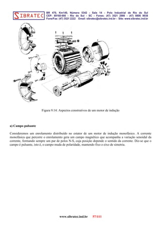 Figura 9.14: Aspectos construtivos de um motor de indução
a) Campo pulsante
Consideremos um enrolamento distribuído no estator de um motor de indução monofásico. A corrente
monofásica que percorre o enrolamento gera um campo magnético que acompanha a variação senoidal da
corrente, formando sempre um par de polos N-S, cuja posição depende o sentido da corrente. Diz-se que o
campo é pulsante, isto é, o campo muda de polaridade, mantendo fixo o eixo de simetria.
www.sibratec.ind.br 57/111
 