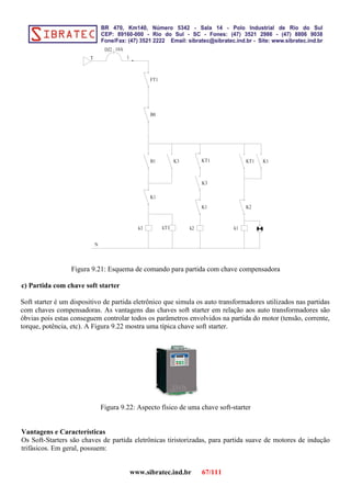 Figura 9.21: Esquema de comando para partida com chave compensadora
c) Partida com chave soft starter
Soft starter é um dispositivo de partida eletrônico que simula os auto transformadores utilizados nas partidas
com chaves compensadoras. As vantagens das chaves soft starter em relação aos auto transformadores são
óbvias pois estas conseguem controlar todos os parâmetros envolvidos na partida do motor (tensão, corrente,
torque, potência, etc). A Figura 9.22 mostra uma típica chave soft starter.
Figura 9.22: Aspecto físico de uma chave soft-starter
Vantagens e Características
Os Soft-Starters são chaves de partida eletrônicas tiristorizadas, para partida suave de motores de indução
trifásicos. Em geral, possuem:
www.sibratec.ind.br 67/111
T
DJ2 10A
1
B1 K3
K1
k3
K3
K1
k2
B0
N
kT1
KT1
K2
k1
K1KT1
FT1
 
