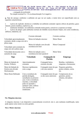 - conjugado da aceleração
Na rotação nominal Ca = 0 e na desaceleração Ca é negativo.
g. Tipo de carcaça: conforme o ambiente em que vai ser usado, o motor deve ser especificado com as
seguintes características:
• à prova de explosão: destina-se a trabalhar em ambiente contendo vapores etílicos de petróleo, gases
naturais, poeira metálica, explosivos, etc.
• totalmente fechados: em ambientes contendo muita poeira, corrosivos e expostos ao tempo.
• à prova de pingos: para ambientes normais de trabalho razoavelmente limpos, tais como residências,
edifícios, indústrias, etc.
Corrente alternada Corrente contínua
Velocidade aproximadamente
constante, desde a carga zero até a
plena carga.
Velocidade semi-constante da
carga zero até a plena carga
Motor de Indução síncrono Motor Shunt
Motor de indução com elevada
resistência do rotor
Motor Compound
Velocidade decrescente com o
aumento de carga
Motor de indução com a
resistência do rotor ajustável
Motor Série
Tipo Velocidade Conjugado de
Partida
Emprego
Motor de Indução de
Gaiola, Trifásico
Aproximadamente
constante
Conjugado baixo,
corrente elevada
Bombas, ventiladores,
máquinas e ferramentas
Motor de Indução de
Gaiola com elevado
Deslizamento
Decresce rapidamente
com a carga
Conjugado maior do que
o do caso anterior
Pequenos guinchos,
pontes rolantes, serras
etc.
Motor Rotor Bobinado Com a resistência de
partida desligada,
semelhante ao primeiro
caso. Com a resistência
inserida, a velocidade
pode ser ajustada a
qualquer valor, embora
com sacrifício do
rendimento.
Conjugado maior do que
os dos casos anteriores
Compressores de ar,
guinchos, pontes
rolantes, elevadores
etc.
9.6. Máquina síncrona
A máquina síncrona é um dispositivo essencialmente reversível, isto é, sem nenhuma modificação, tanto
pode operar como motor ou como gerador.
9.6.1. Motor síncrono
www.sibratec.ind.br 77/111
 