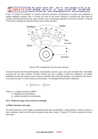 Como os motores de indução, os motores síncronos possuem enrolamentos no estator que produzem o
campo magnético girante, mas, o circuito do rotor de um motor síncrono é excitado por uma fonte de
corrente contínua proveniente de uma excitatriz, que é um pequeno gerador de corrente contínua. A Figura
9.30 mostra o desenho da estrutura básica de um motor síncrono.
Figura 9.30: Componentes de um motor síncrono
O motor síncrono não tem partida própria, necessitando, portanto, que o rotor seja arrastado até a velocidade
síncrona por um meio auxiliar. Existem motores em que a partida é dada por condutores em gaiola
embutidos na face dos polos do rotor. Inicia-se a partida como motor de indução e no momento certo excita-
se os polos do rotor e o motor entra em sincronismo. A velocidade final do motor é dada por:
Onde: ns = rotação do motor em RPM
f = frequência da rede elétrica
p = número de polos do enrolamento
9.6.2. Efeito da carga e da corrente de excitação
a) Motor síncrono sem carga
No motor síncrono o rotor engata-se magneticamente para acompanhar o campo girante, criado no estator, e
deve continuar a girar em sincronismo qualquer que seja a carga. A Figura 9.31 mostra a posição do rotor
sem carga
www.sibratec.ind.br 78/111
 