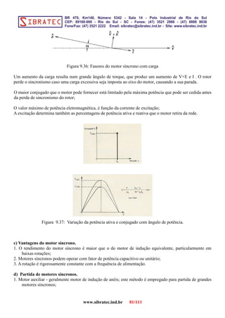 Figura 9.36: Fasores do motor síncrono com carga
Um aumento da carga resulta num grande ângulo de torque, que produz um aumento de V+E e I . O rotor
perde o sincronismo caso uma carga excessiva seja imposta ao eixo do motor, causando a sua parada.
O maior conjugado que o motor pode fornecer está limitado pela máxima potência que pode ser cedida antes
da perda de sincronismo do rotor;
O valor máximo de potência eletromagnética, é função da corrente de excitação;
A excitação determina também as percentagens de potência ativa e reativa que o motor retira da rede.
Figura 9.37: Variação da potência ativa e conjugado com ângulo de potência.
c) Vantagens do motor síncrono.
1. O rendimento do motor síncrono é maior que o do motor de indução equivalente, particularmente em
baixas rotações;
2. Motores síncronos podem operar com fator de potência capacitivo ou unitário;
3. A rotação é rigorosamente constante com a frequência de alimentação.
d) Partida de motores síncronos.
1. Motor auxiliar - geralmente motor de indução de anéis; este método é empregado para partida de grandes
motores síncronos;
www.sibratec.ind.br 81/111
 