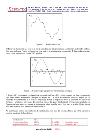 Figura 13.2: Senóide distorcida
Pode-se ver claramente que essa onda não é senoidal pura. Ela é uma onda com formato distorcido. Se fosse
feita uma análise de Fourier veríamos que essa onda é, na verdade, uma composição de duas ondas senoidais
puras, como mostrado na Figura 13.3 seguinte:
Figura 13.3: Composição de senoides em uma onda distorcida
A Figura 13.3 mostra que a onda original, mostrada na Figura 13.2, foi decomposta em duas componentes
cuja soma produz novamente a imagem da Figura 13.2. A onda de amplitude maior da Figura 13.3 é
chamada de fundamental e a onda de amplitude menor e frequência maior é chamada de harmônica.
Portanto: Harmônicas são ondas de amplitude menor do que a fundamental e frequências múltiplas da
fundamental que aparecem quando a fundamental não é senoidal pura. Veja que, se a rede elétrica tivesse
uma onda senoidal pura não existiriam harmônicas.
As harmônicas sempre são múltiplos da fundamental. No caso do sistema elétrico de 60Hz teríamos a
seguinte sequência de harmônicas:
Fundamental 60Hz
Primeira harmônica 120Hz 2 x 60Hz Harmônica impar
Segunda harmônica 180Hz 3 x 60Hz Harmônica par
www.sibratec.ind.br 99/111
 