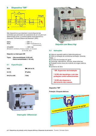 p.6 / Dispositivos de proteção contra choques elétricos e Esquemas de aterramento - Procobre / Schneider Electric
8 Dispositivo "DR"
São dispositivos que detectam a soma fasorial das
correntes que percorrem os condutores de um circuito num
determinado ponto. O módulo dessa soma fasorial é a
chamada "Corrente Diferencial Residual" (IDR).
IDEAL → IDR = 0
REAL → IDR = 0 (CORRENTES DE
FUGA-NATURAIS)
ATUAÇÃO → IDR = I∆n
(CORRENTE DIFERENCIAL RESIDUAL NOMINAL DE ATUAÇÃO)
Σ I f ≤ 0,5 . I∆ n
Disjuntor ou Interruptor DR
Tipos: - Alta sensibilidade ( ≤≤ 30 mA)
- Baixa sensibilidade ( > 30 mA)
8.1 Especificação
In(A) I∆∆n (mA ou A)
Un (V) Nº pólos
Iint (A ou kA) f (Hz)
Interruptor Diferencial
Disjuntor com Bloco Vigi
8.2 Aplicações:
n Falta em aparelho elétrico (eletrodomésticos)
n Falha na isolação de condutores (enfiação, emenda,
fadiga,...)
n Circuitos de tomadas em geral
n Campings, laboratórios, oficinas, áreas externas
n Proteção contra ríscos de incêndio de origem elétrica
(BE-2)
n Canteiros de obra
* DR: Supervisor da Instalação
* O DR não desobriga o uso das
proteções contra sobrecorrentes.
* O DR não dispensa o
aterramento das massas.
Dispositivo "DR"
Proteção: Choques elétricos
A intensidade é a causa essencial do perigo
 