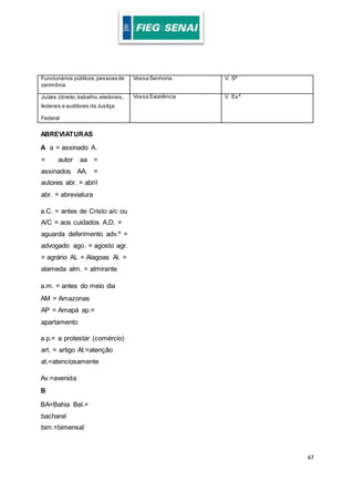 47
Funcionários públicos,pessoas de
cerimônia
Vossa Senhoria V. Sª
Juízes (direito,trabalho,eleitorais,
federais e auditores da Justiça
Federal
Vossa Excelência V. Ex.ª
ABREVIATURAS
A a = assinado A.
= autor aa =
assinados AA. =
autores abr. = abril
abr. = abreviatura
a.C. = antes de Cristo a/c ou
A/C = aos cuidados A.D. =
aguarda deferimento adv.º =
advogado ago. = agosto agr.
= agrário AL = Alagoas Al. =
alameda alm. = almirante
a.m. = antes do meio dia
AM = Amazonas
AP = Amapá ap.=
apartamento
a.p.= a protestar (comércio)
art. = artigo At.=atenção
at.=atenciosamente
Av.=avenida
B
BA=Bahia Bel.=
bacharel
bim.=bimensal
 