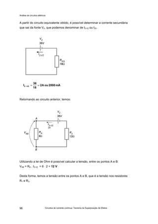 Análise de circuitos elétricos
Circuitos de corrente contínua: Teorema da Superposição de Efeitos98
A partir do circuito equivalente obtido, é possível determinar a corrente secundária
que sai da fonte V2, que podemos denominar de I2-V2 ou I22.
Retornando ao circuito anterior, temos:
Utilizando a lei de Ohm é possível calcular a tensão, entre os pontos A e B:
VAB = RA . I2-V2 = 6 ⋅ 2 = 12 V
Desta forma, temos a tensão entre os pontos A e B, que é a tensão nos resistores
R1 e R3.
mA2000ouA2
18
36
I 2V2 ====−−
 
