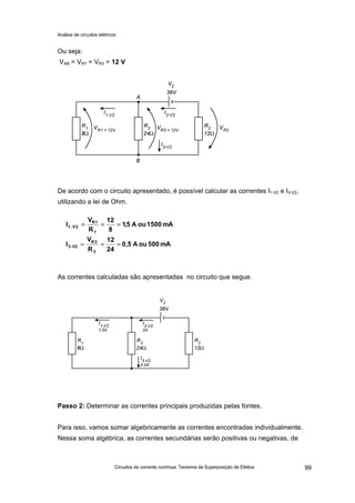Análise de circuitos elétricos
Circuitos de corrente contínua: Teorema da Superposição de Efeitos 99
Ou seja:
VAB = VR1 = VR3 = 12 V
De acordo com o circuito apresentado, é possível calcular as correntes I1-V2 e I3-V2,
utilizando a lei de Ohm.
As correntes calculadas são apresentadas no circuito que segue.
Passo 2: Determinar as correntes principais produzidas pelas fontes.
Para isso, vamos somar algebricamente as correntes encontradas individualmente.
Nessa soma algébrica, as correntes secundárias serão positivas ou negativas, de
mA500ouA0,5
24
12
R
V
I
mA1500ouA5,1
8
12
R
V
I
3
3R
V2-3
1
1R
2V1
======
======−−
 