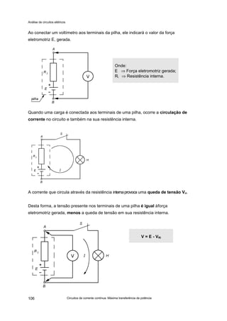 Análise de circuitos elétricos
Circuitos de corrente contínua: Máxima transferência de potência106
Ao conectar um voltímetro aos terminais da pilha, ele indicará o valor da força
eletromotriz E, gerada.
Quando uma carga é conectada aos terminais de uma pilha, ocorre a circulação de
corrente no circuito e também na sua resistência interna.
A corrente que circula através da resistência internaprovoca uma queda de tensão Vri.
Desta forma, a tensão presente nos terminais de uma pilha é igual àforça
eletromotriz gerada, menos a queda de tensão em sua resistência interna.
Onde:
E ⇒ Força eletromotriz gerada;
Ri ⇒ Resistência interna.
V = E - VRi
 