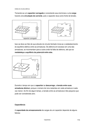 Análise de circuitos elétricos
Capacitores 115
Tomando-se um capacitor carregado e conectando seus terminais a uma carga
haverá uma circulação de corrente, pois o capacitor atua como fonte de tensão.
Isso se deve ao fato de que através do circuito fechado inicia-se o estabelecimento
do equilíbrio elétrico entre as armaduras. Os elétrons em excesso em uma das
armaduras, se movimentam para a outra onde há falta de elétrons, até que se
restabeleça o equilíbrio de potencial entre elas.
Durante o tempo em que o capacitor se descarrega, a tensão entre suas
armaduras diminui, porque o número de íons restantes em cada armadura é cada
vez menor. Ao fim de algum tempo, a tensão entre as armaduras é tão pequena que
pode ser considerada zero.
Capacitância
A capacidade de armazenamento de cargas de um capacitor depende de alguns
fatores:
capacitor carregado
capacitor em descarga
 